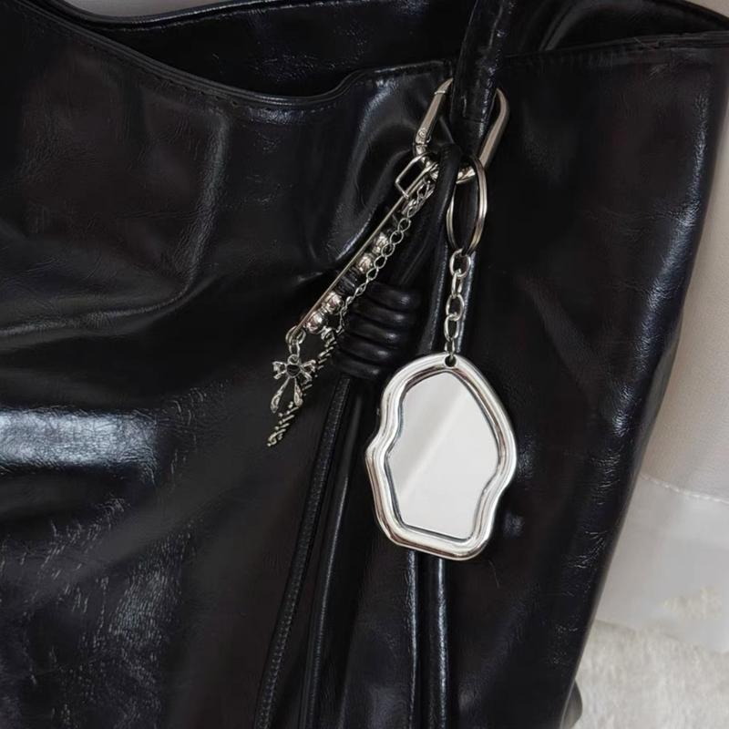 Stylish Leather Cord Keychain Makeup Mirror Portable Travel Essential Stylish Cosmetic Accessory Gift Metal Key Holder
