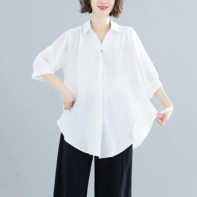 Zomer Dames T-shirt met Korte Mouwen Elegant V-hals Onregelmatig Katoen Linnen Comfortabel Los Casual Ademend Top