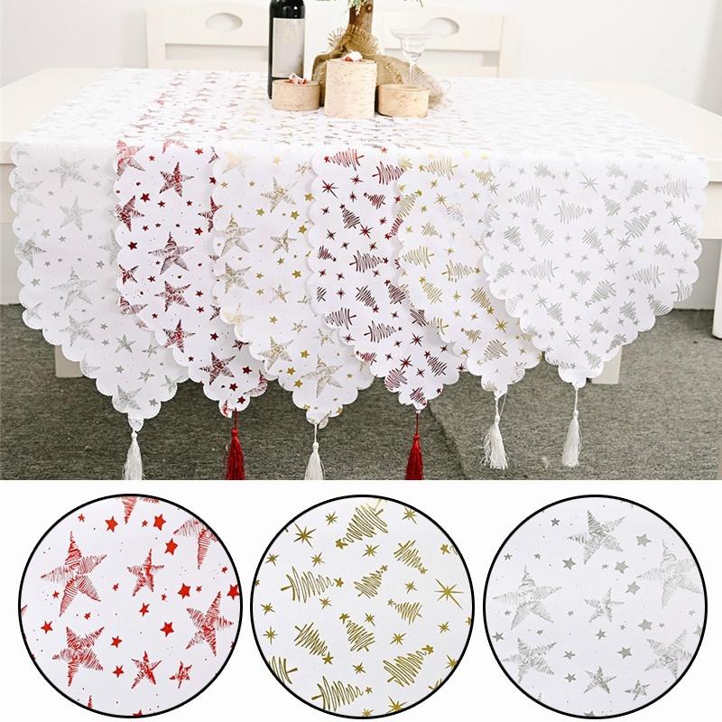 Merry Christmas Table Runner Bronzing Tassel Tablecloth Christmas Home Decoration New Year