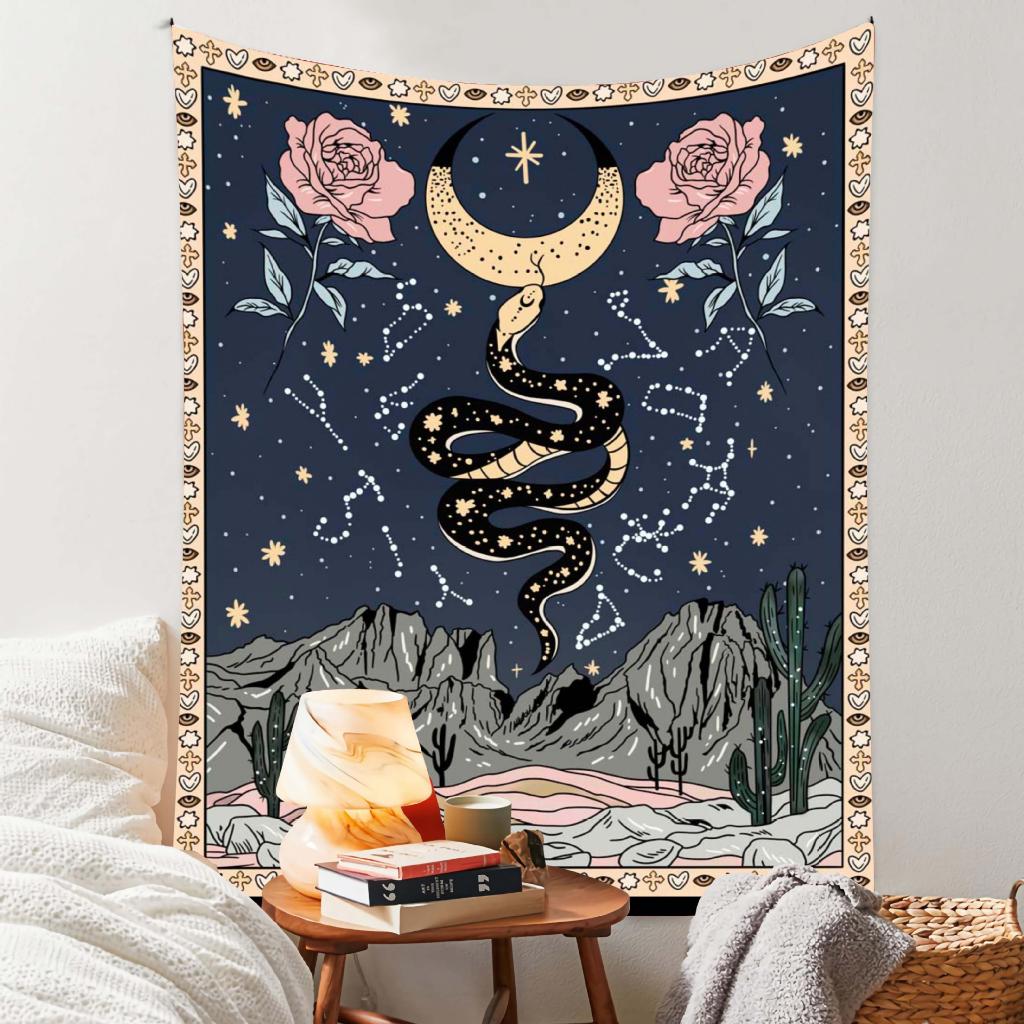 VIKAMA Vintage Floral Moon Phase Tapestry Bohemian Flower Star Moon Wall Blanket for Bedroom Living Room Dormitory Decor