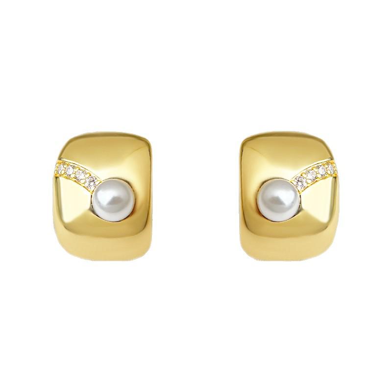 18k Gold Geometrische Zirkon Perlen Ohrstecker - Eleganter Französischer Stil, Vielseitiges C-förmiges Design