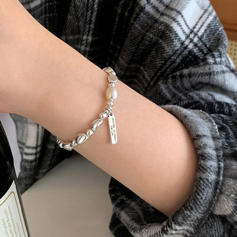 Elise 925 Silver Point Pearl Charm Silver Ball Bracelet F30