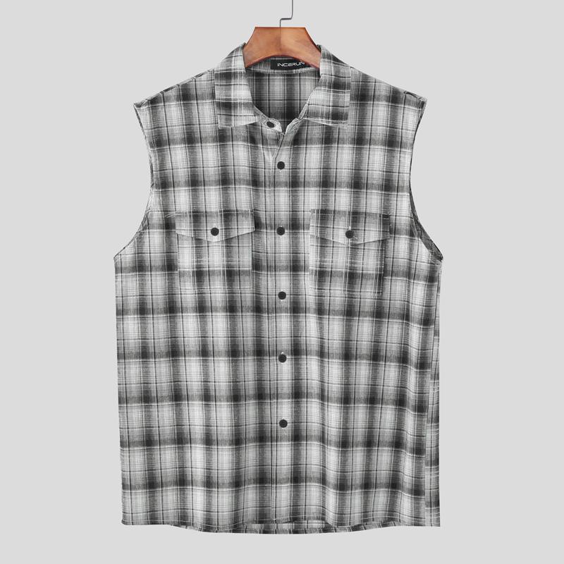 

INCERUN Мужские рубашки без рукавов с лацканами и градиентным принтом в клетку, повседневные майки S чёрный