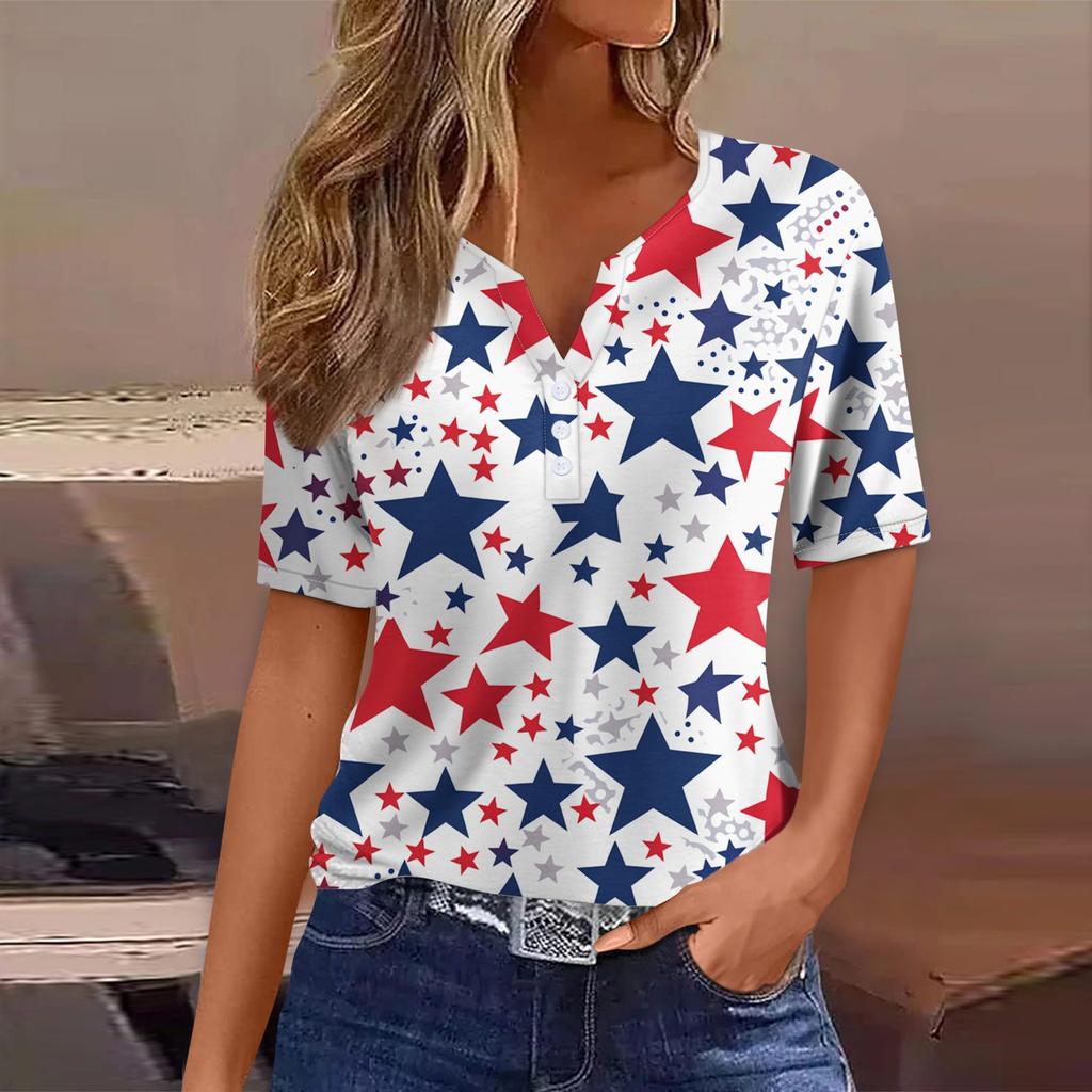 Damen-T-Shirt, T-Shirt, bedruckt, Knopfleiste, kurzärmelig, für den Alltag, Wochenende, modisch, Basic, V-Ausschnitt, normales Oberteil