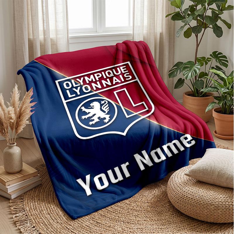 Lyon FC Custom Name Text Flannel Blanket Soccer Logo Personalized Fleece Throw Blanket Special Gift For Sofa Bedroom Home