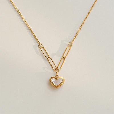 Collana Lingyuan Cuore in Madreperla Coreana - Catena Clavicola Retro in Acciaio al Titanio Placcato Oro 18K
