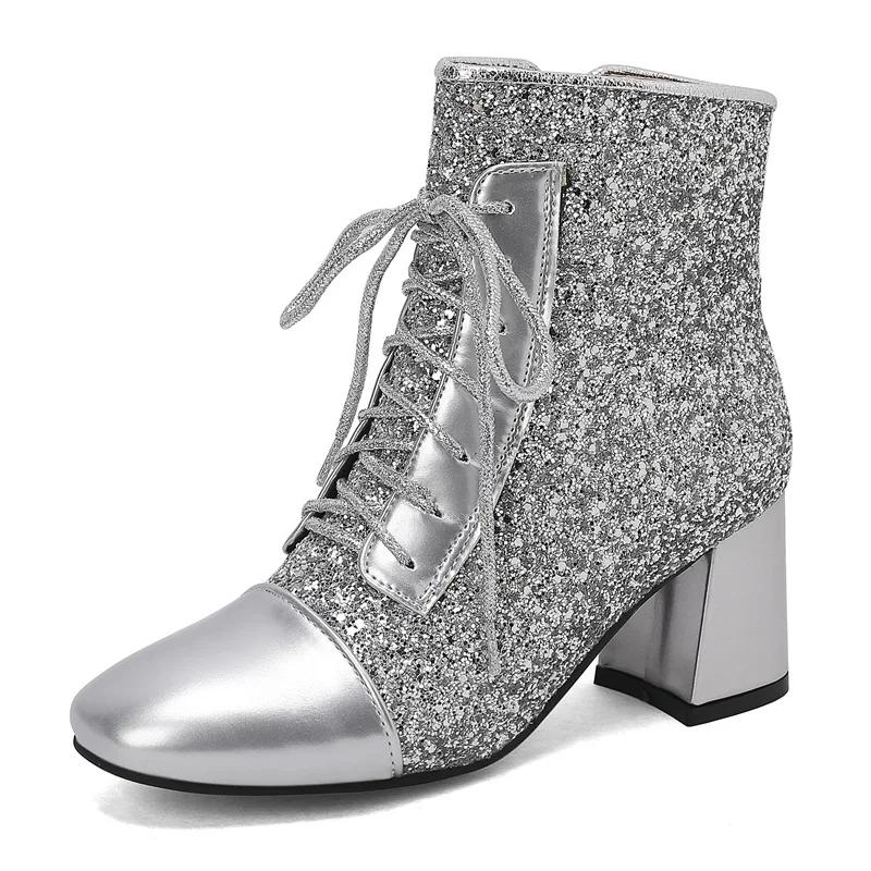 

Блестящие Зимние Женские Ботильоны Серебристые Золотистые с Блестками Тканевые На Высоком Каблуке Вечернее Платье Леди Британские На Шнуровке Плюшевые На Молнии Короткие Ботинки 34 серебряный