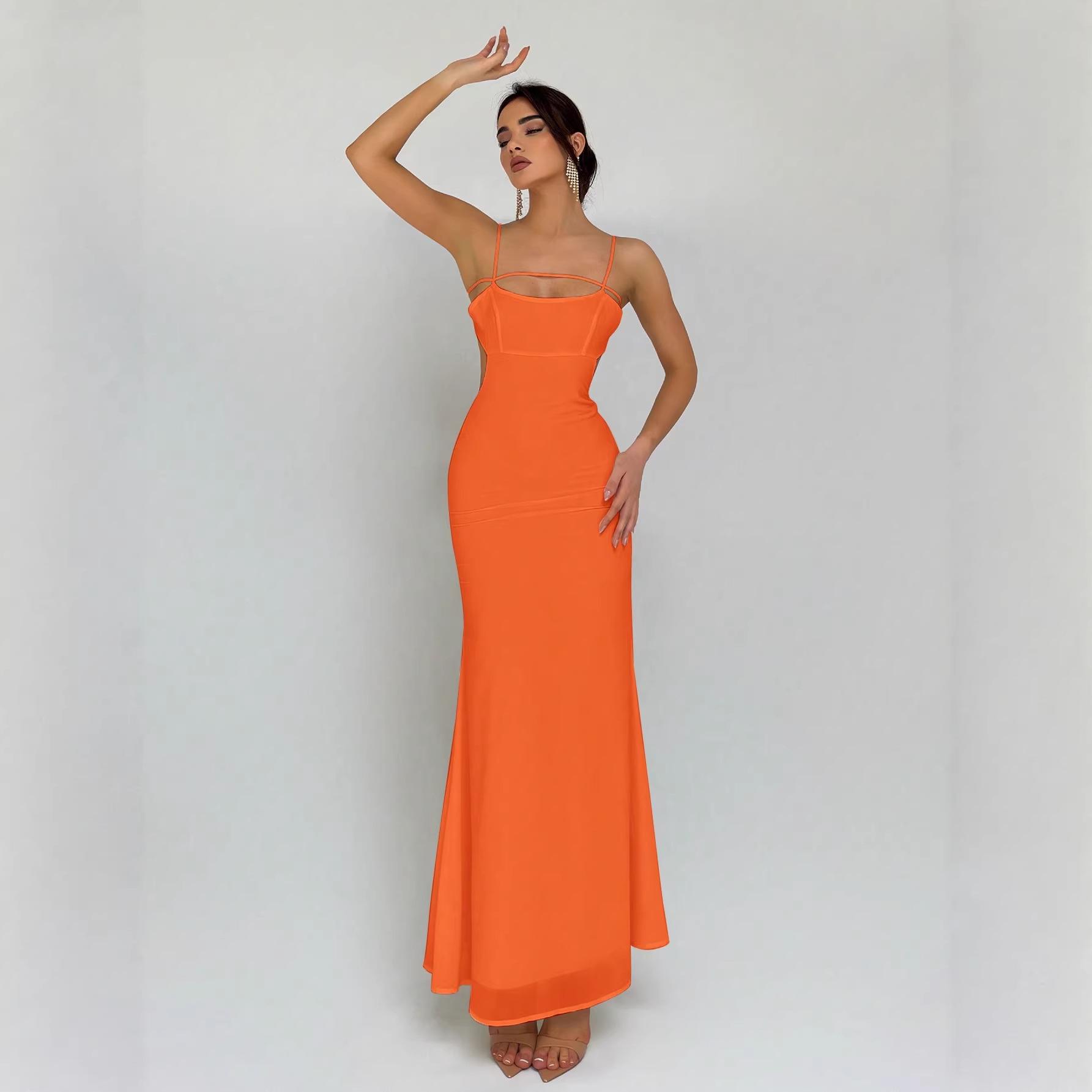 

Socialite Style Solid Color Evening Gown - Sexy Hollow Strap & Double Layer Design M