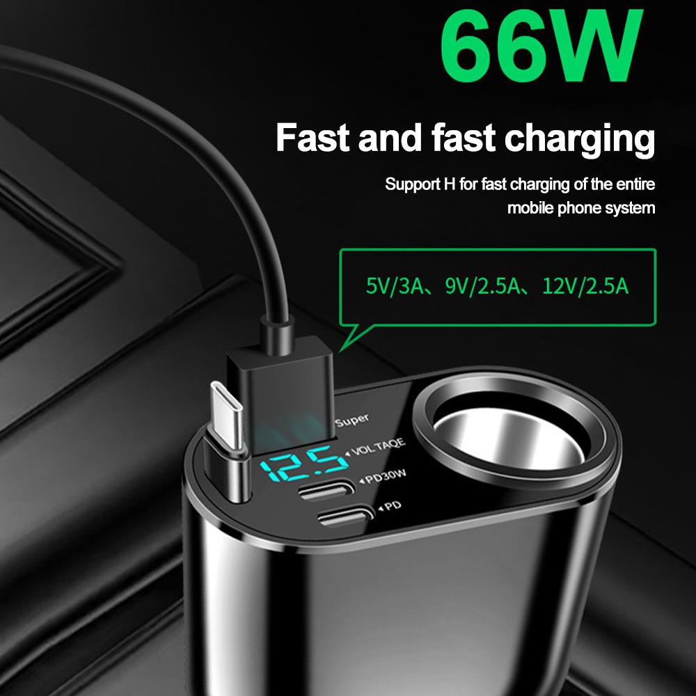 Car Charger USB PD QC3.0 66W Fast Charge Telescopic Cable 5in1 Cigarette Lighter Socket Splitter with LED Display Car Charging