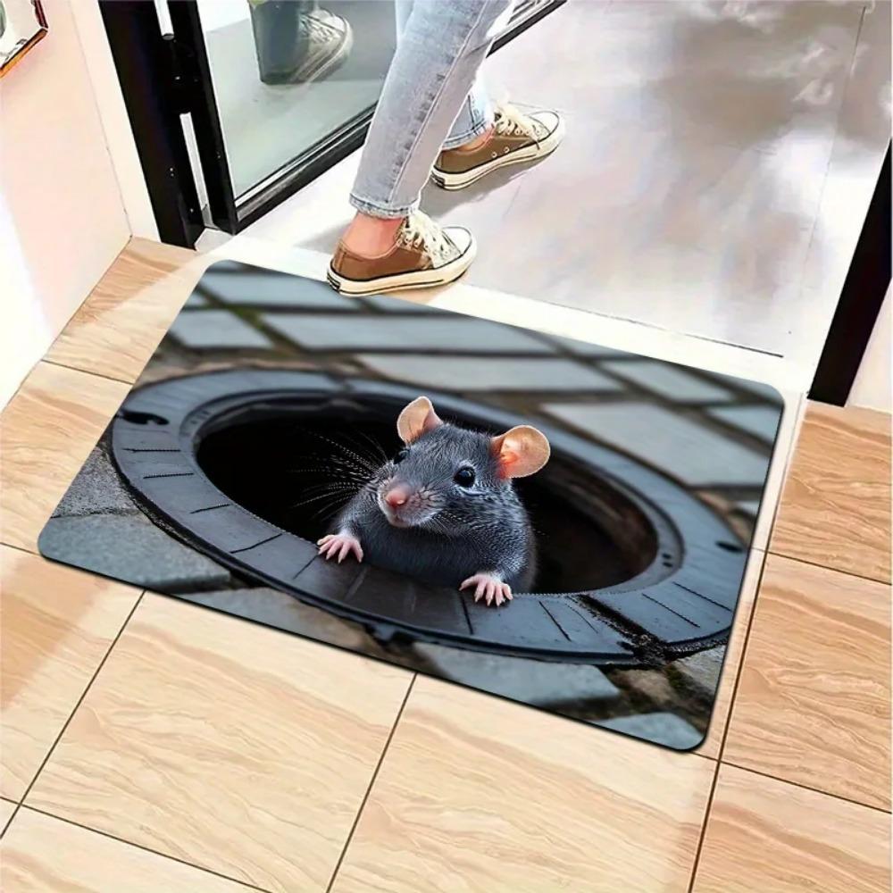 Tappetino con Mouse 3D in Tombino - Tappeto Artistico Creativo con Animali per Ingresso, Cucina e Camera da Letto, Tappeto da Pavimento Decorativo Lavabile in Lavatrice