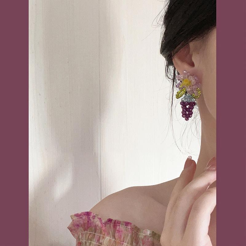 Small Fresh Grape Flower Fringed Earrings Korean Girl Heart Sweet Stud Earrings New Cute Versatile Earrings