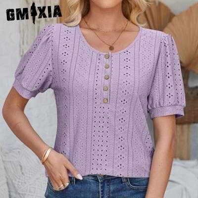 Women's Fashion Casual Summer Spring Solid Color Print Short Sleeve Button Puffy Sleeve U-Neck Loose Blouses & Shirts