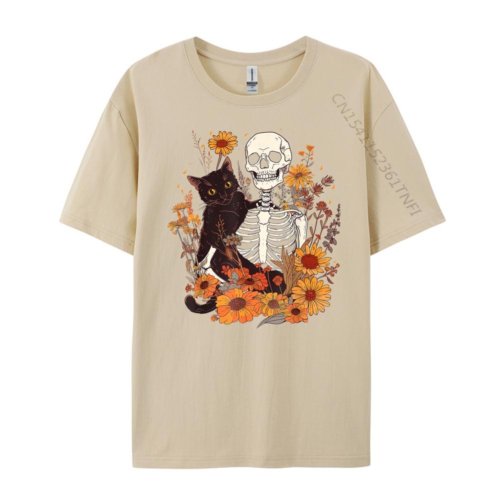 Cat Skeleton Flower Garden Halloween White Graphic Tee Breathable Original Mens TShirts Big And Tall Mothers Day