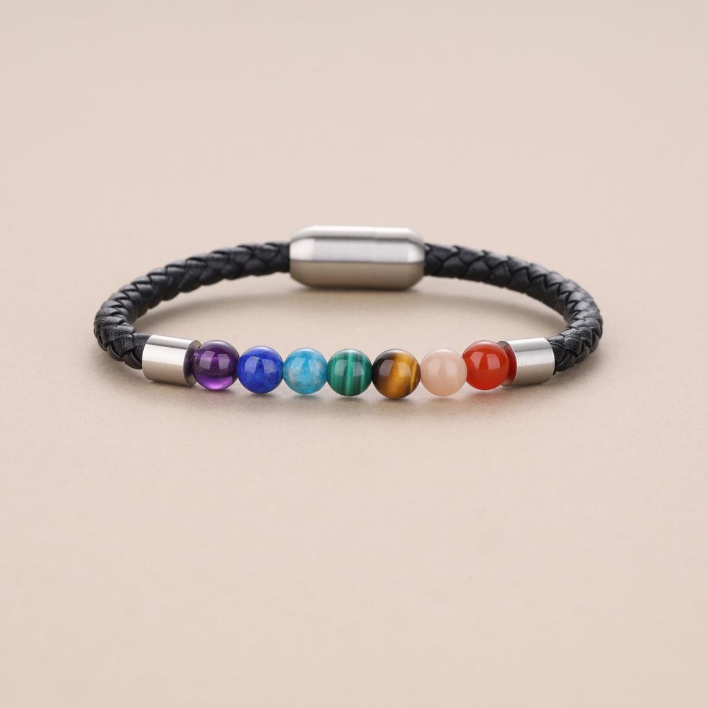 Koai Chakra Power Stone Genuine Leather Lucky Charm Bracelet for Men Seven-Color