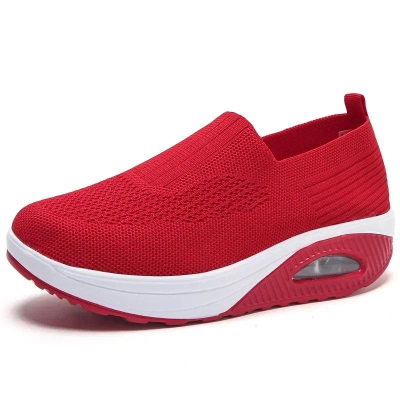 Damen Gestrickte Mesh Sneakers Atmungsaktive Lässige Sportschuhe Keilabsatz Plateau Rocking Shoes Erhöhende Damen Vulkanisierte Schuhe2025 43 rot