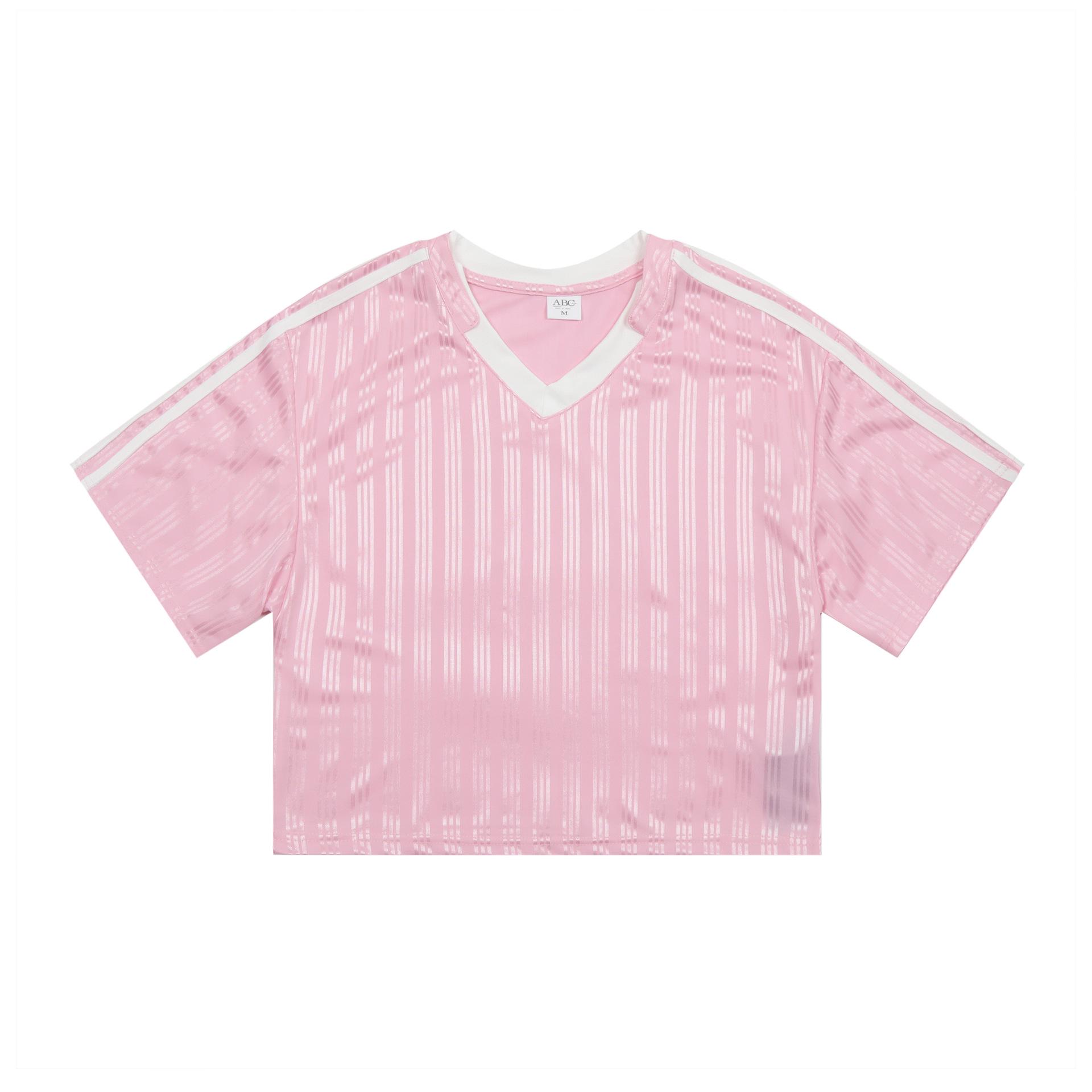 

Женская быстросохнущая футболка с полосками реглан и V-образным вырезом: Спортивный, Повседневный и Универсальный Топ с Коротким Рукавом Small розовый