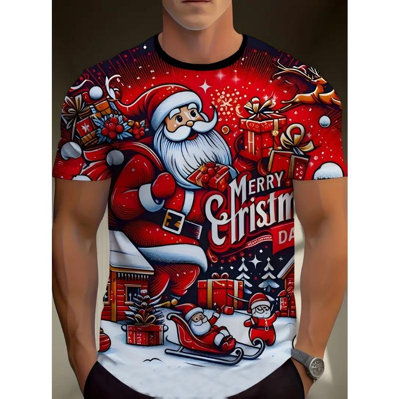 Men's Christmas Family Holiday Graphic T-Shirt Short Sleeve Crew Neck Casual Tshirts Top With Santa Hats Santa Claus Design Tees