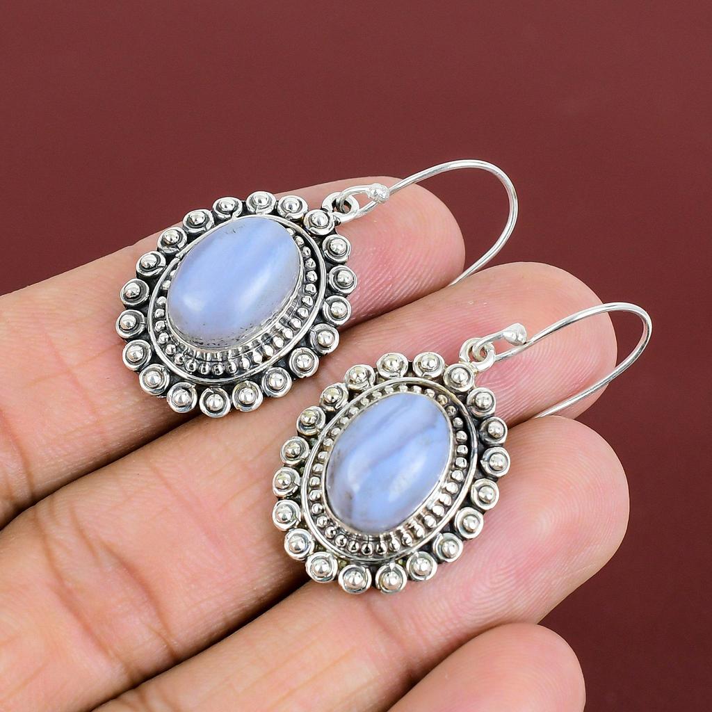 Blue Lace Agate Earrings Gemstone Handmade Earring Birthstone Jewelry 925 Sterling Silver Earrings Very Pretty Vintage Earring Wedding Gifts
