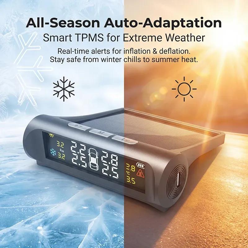 Universal Smart Car TPMS Tyre Pressure Monitoring Digital LCD Display System 4 Sensors Auto Security Alarm Solar Charging