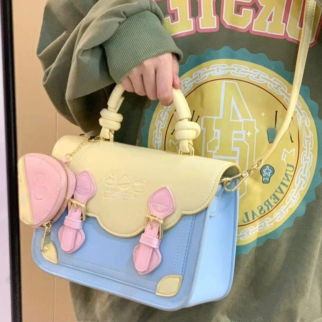 

Sweet Cute Color Block Handbag Women JK Academy Style Square Leather Shoulder Bag Ladies Fashion Minimalist Kawaii Messenger Bag 23x15.5x8.5cm синий