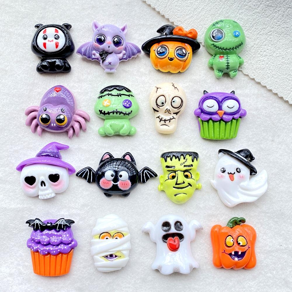 

10Pcs Resin Cartoon Halloween Skull, Bat, Green Ghost, Spider, Ghost, For DIY Bow Halloween Decor Scrapbook Crafts