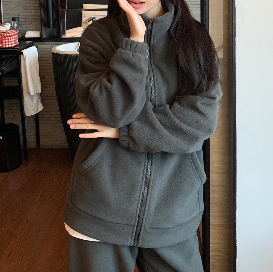 

Женский зимний двухсторонний флисовый костюм для отдыха, свободный и плотный ленивый фасон, теплый комплект из 2 предметов Medium