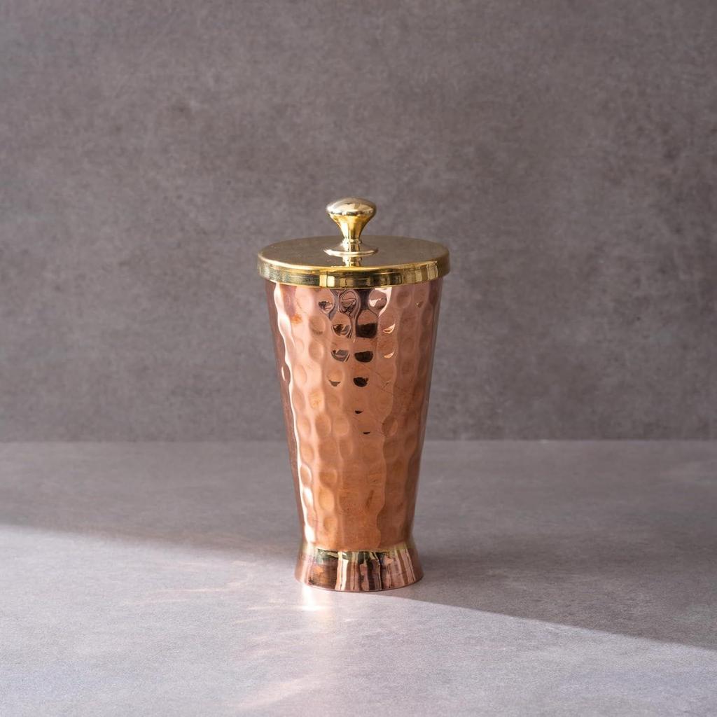 Tumbler with Lid Serving Copper Glass with Brass Lid Tamba Glass with Ayurvedic Health Benefits Ptal Brass and Copper Utensils (600 Ml Tumbler Glass)