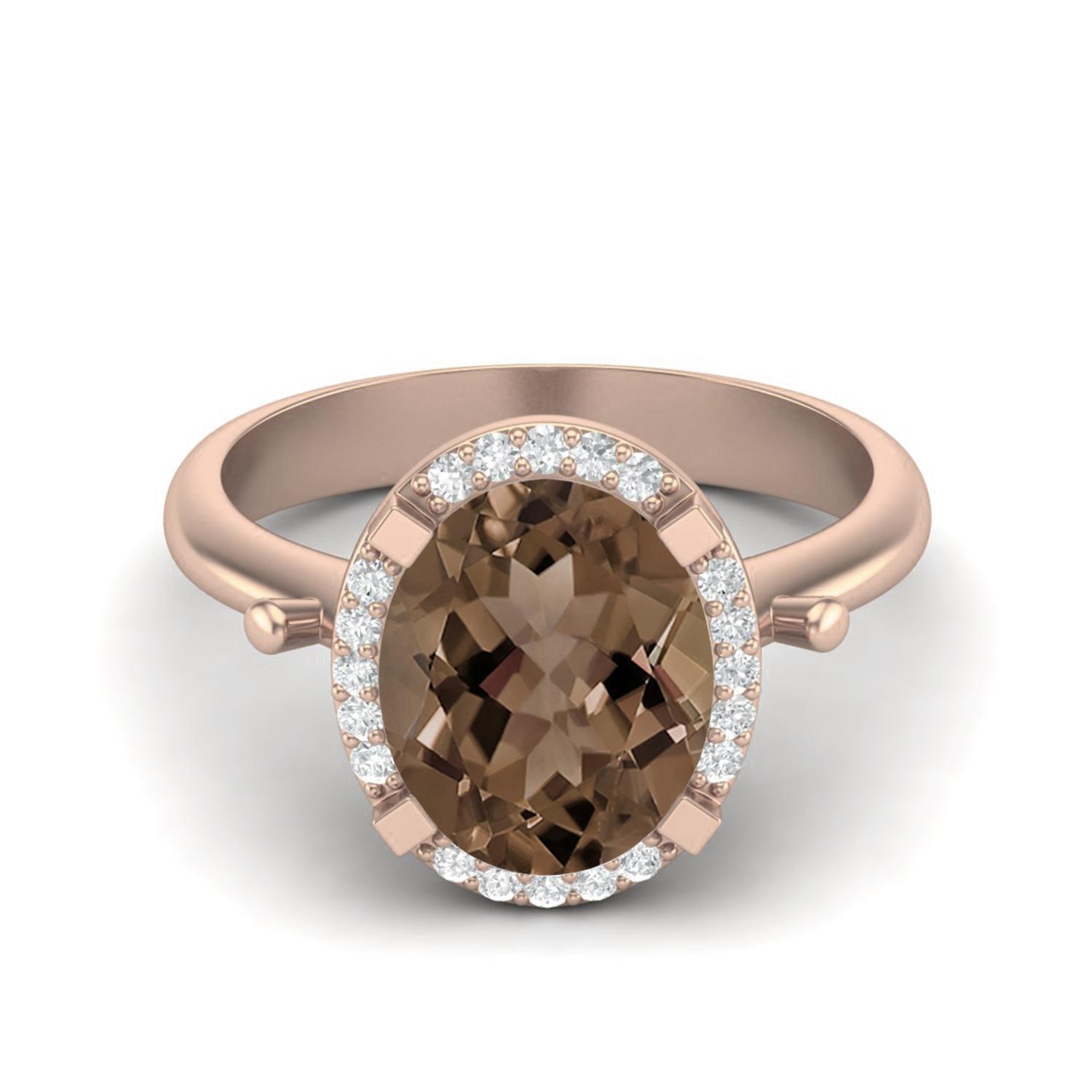

10X8mm Oval Smoky Quartz Solitaire Accents 925 Sterling Silver Rose Vermeil Halo Women Engagement Ring 7 ярко-розовый