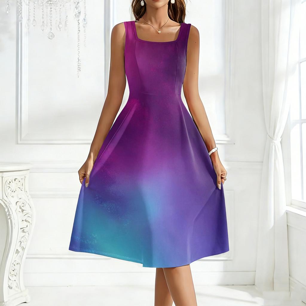 Sleeveless Square Neck Gradient Print Midi Dress for Women Casual A Line Summer Sundress Soft Fabric Flowy Skirt