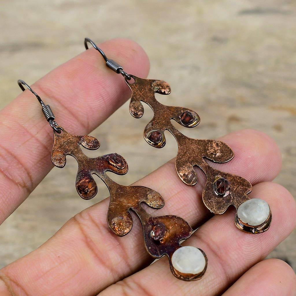 Rainbow Moonstone Earrings Electroformed Copper Earrings Pink Tourmaline Rough Earring Real Gemstone Jewelry Gift For Women Handmade Earring