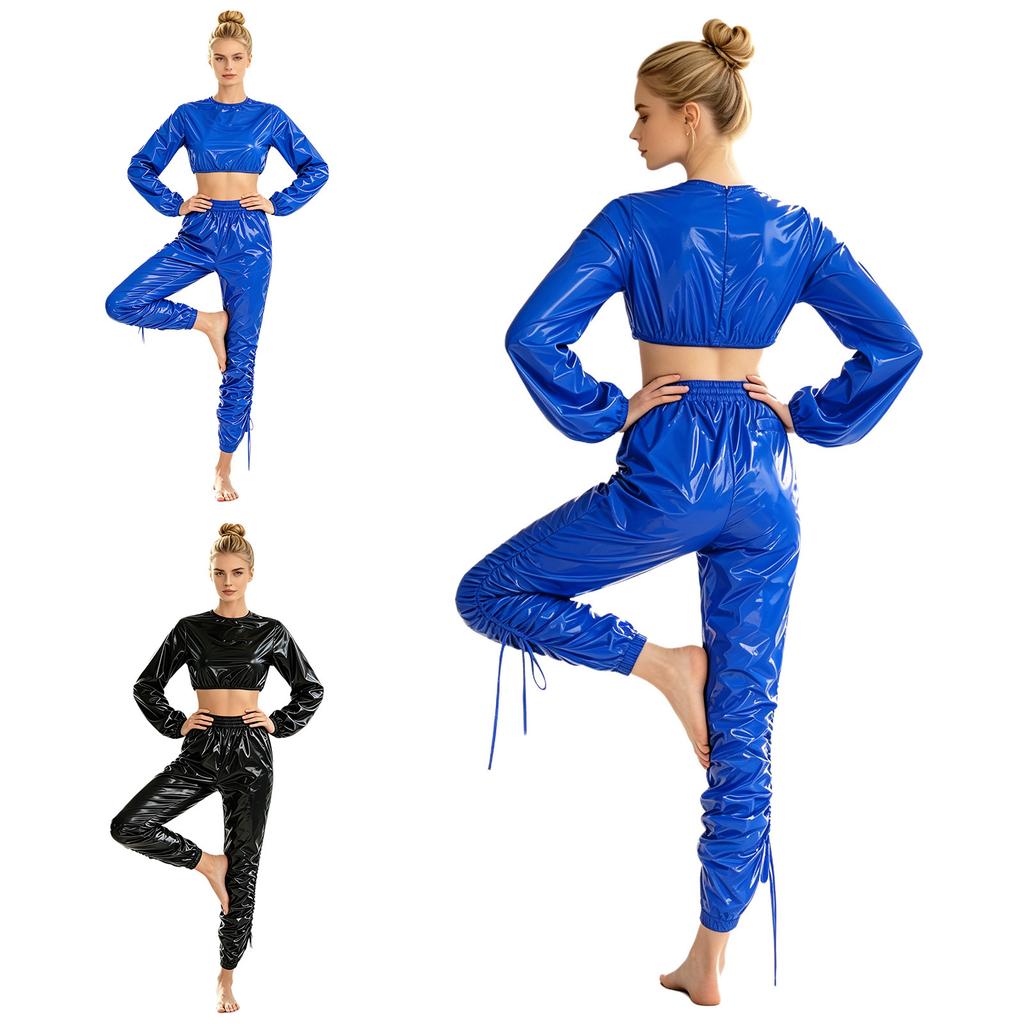 Waterproof Vinyl Long Sleeve Crop Top and Elastic Waist Capri Pants Set with Back Zipper Side Drawstrings for Women Fitness Workout