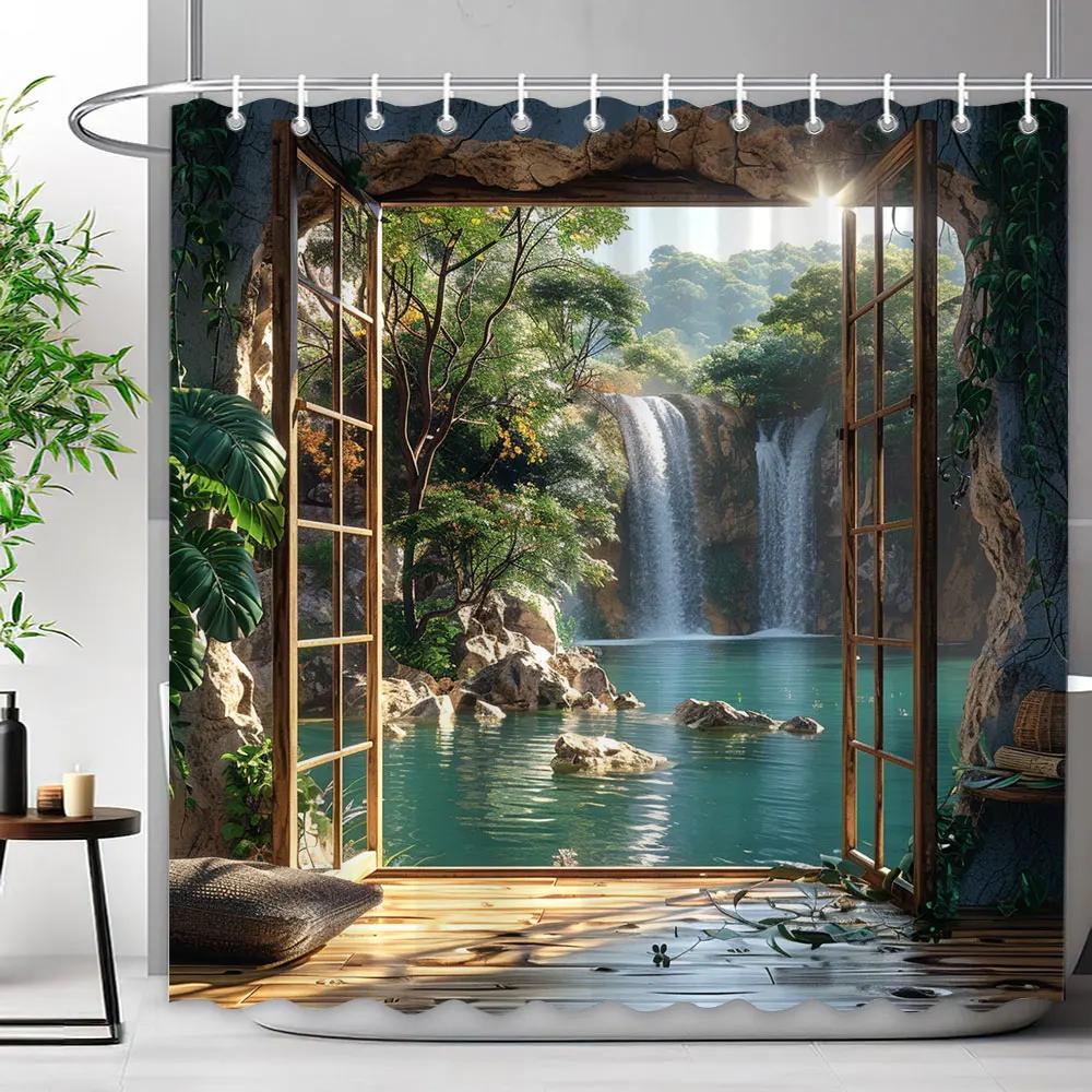 Chinese Archway Scenic Shower Curtain Landscape Waterfall Outdoor Landscape Polyester Fabric Shower Curtains Bathroom Decoration