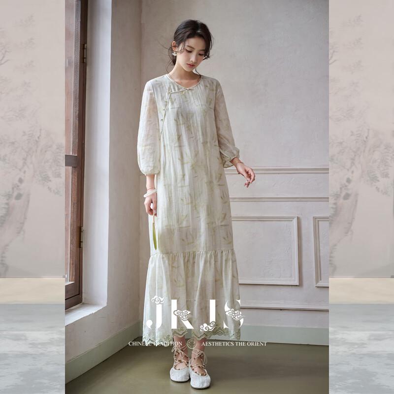 JKJS Bamboo Shadow New Chinese Style Tencel Linen Print Dress S грязно-белый