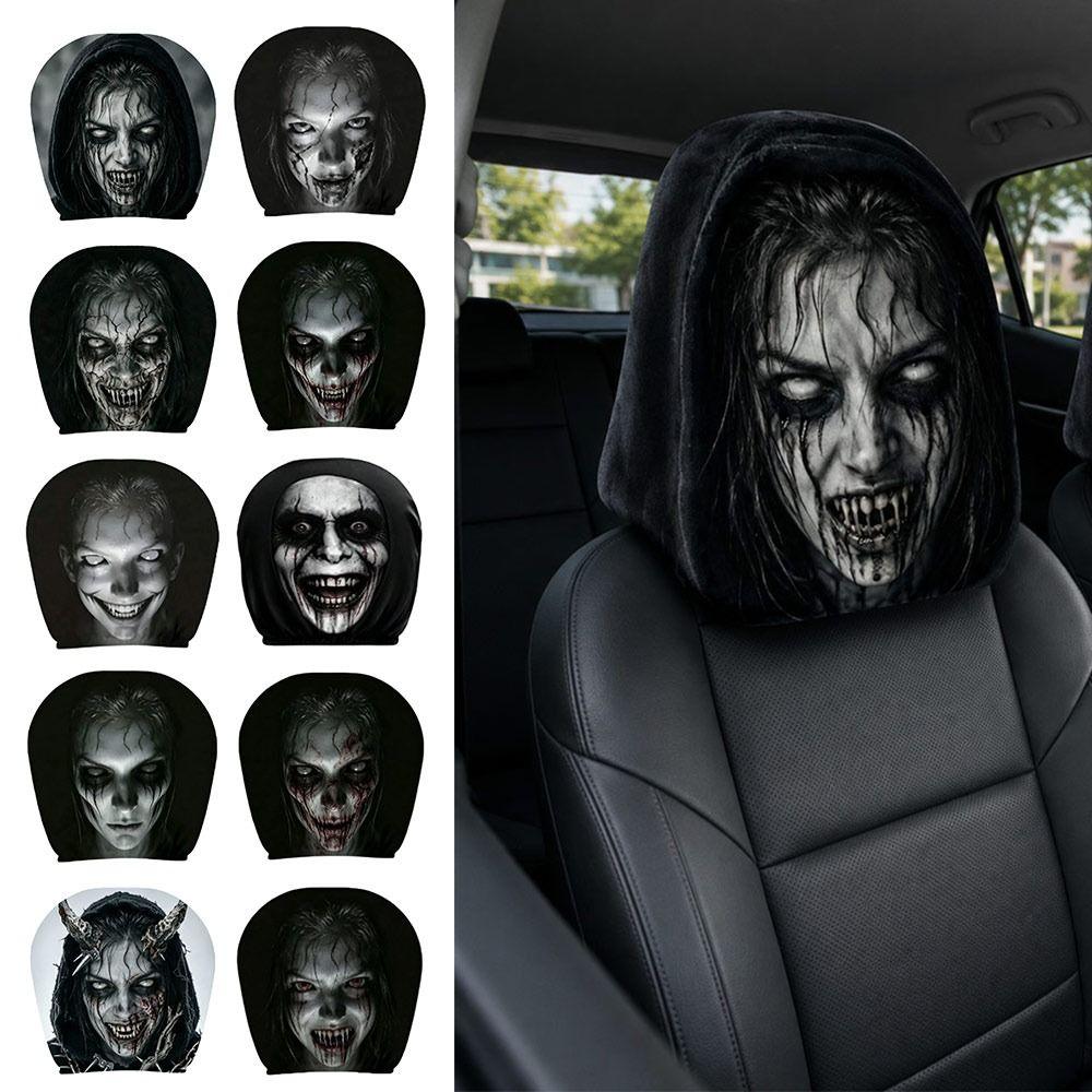 2Pcs Black Car Seat Cover Scary Face Printing Car Headrest Protector Car Headrest Cover Halloween