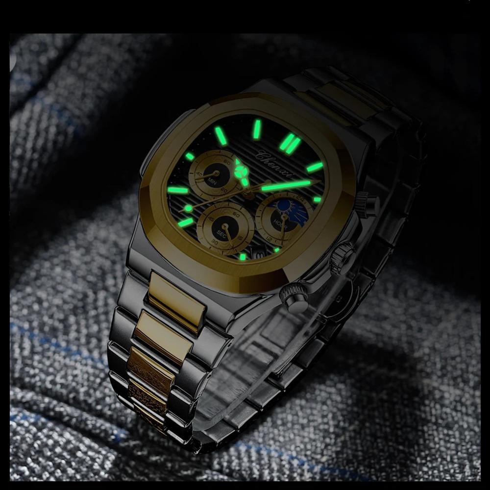 Men's Multifunction Quartz Watch Chronograph Luminous Water-Resistant Luxury Golden Steel Bracelet Men Moonswatch