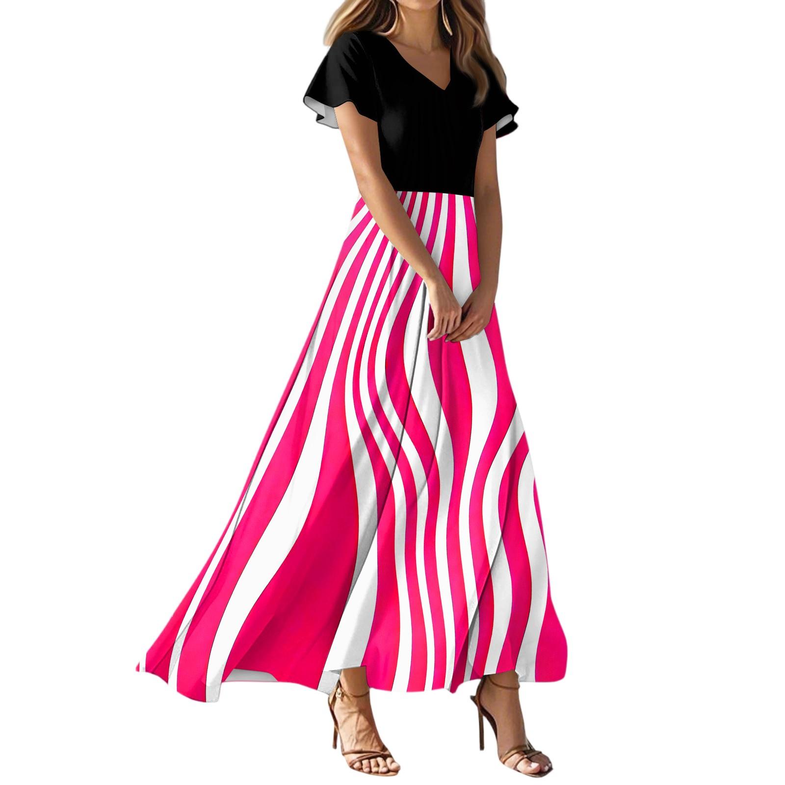 

Женское летнее повседневное модное полосатое принтованное платье с V-образным вырезом и коротким рукавом XL