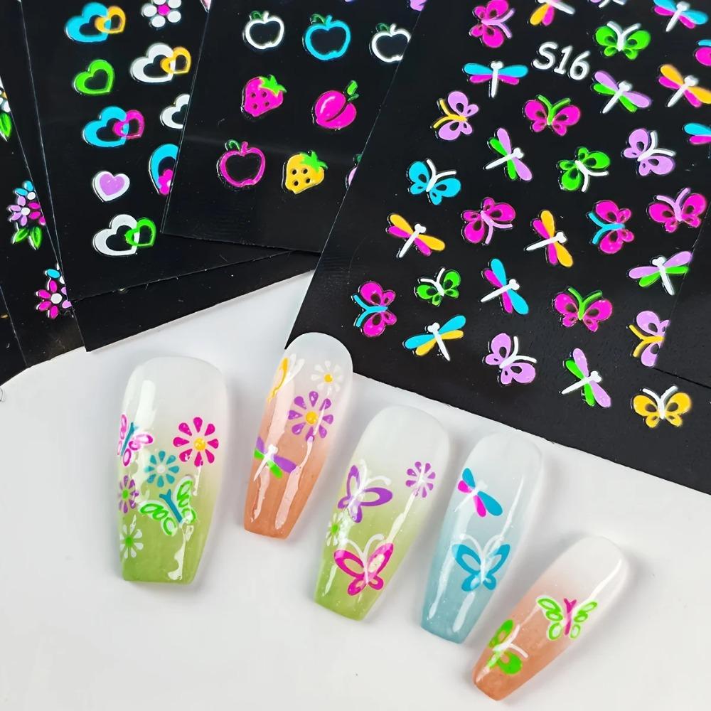 30/60Sheets 3D Glow In The Dark Neon Nail Stickers Nail Art Decorations Glittery Glossy Self-Adhesive with Butterfly Love Heart