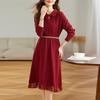 2025 Autumn-Winter Lace Base Layer Knit Dress with Waist-Cinched Skirt & Lapel for Women