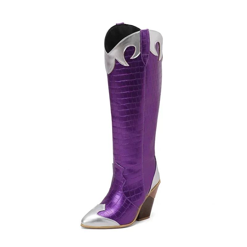 Winter Western Knee High Boots Women Wedge Heels Brown Purple Black Patchwork Retro Dress Pointed Toe Zipper Cowgirl Long Boots