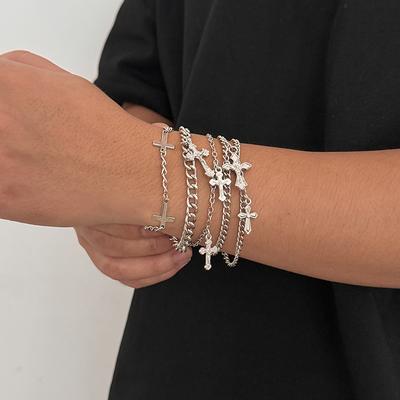 Y2K Stacking Cross Bracelet Set For Men Vintage Multilayer Charm Chain Bracelets Hip Hop Jewelry