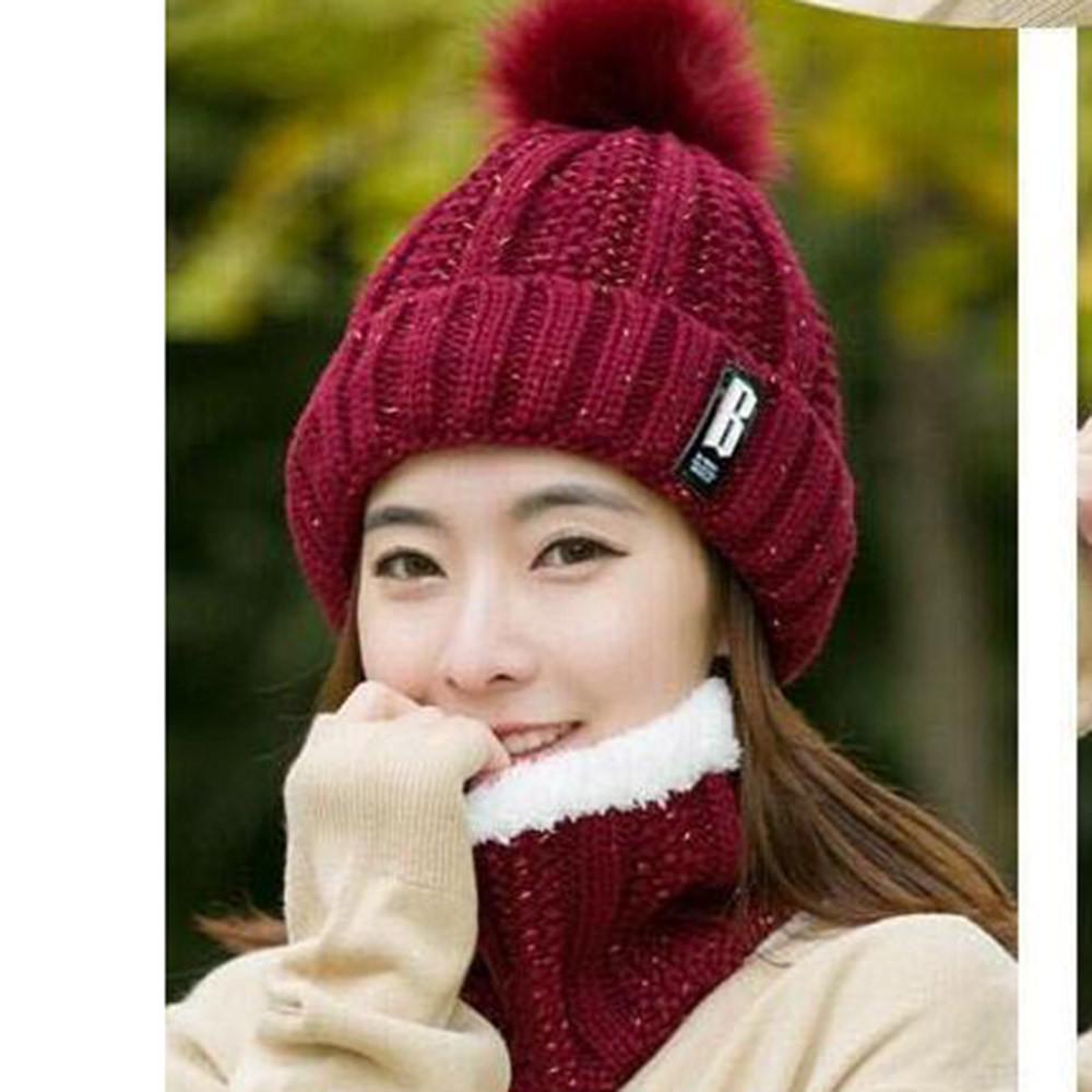 Women Ladies Warm Winter Hairball Plus Velvet  Knitted  Cap+Scarf