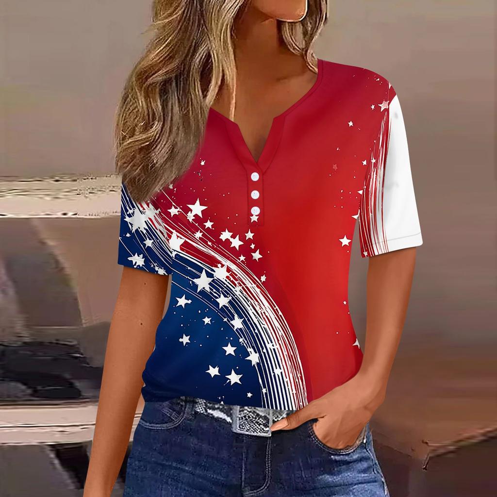 Women's T Shirt Independence Day Print Button Short Sleeve Daily Weekend Fashion Basic V- Neck Regular Top