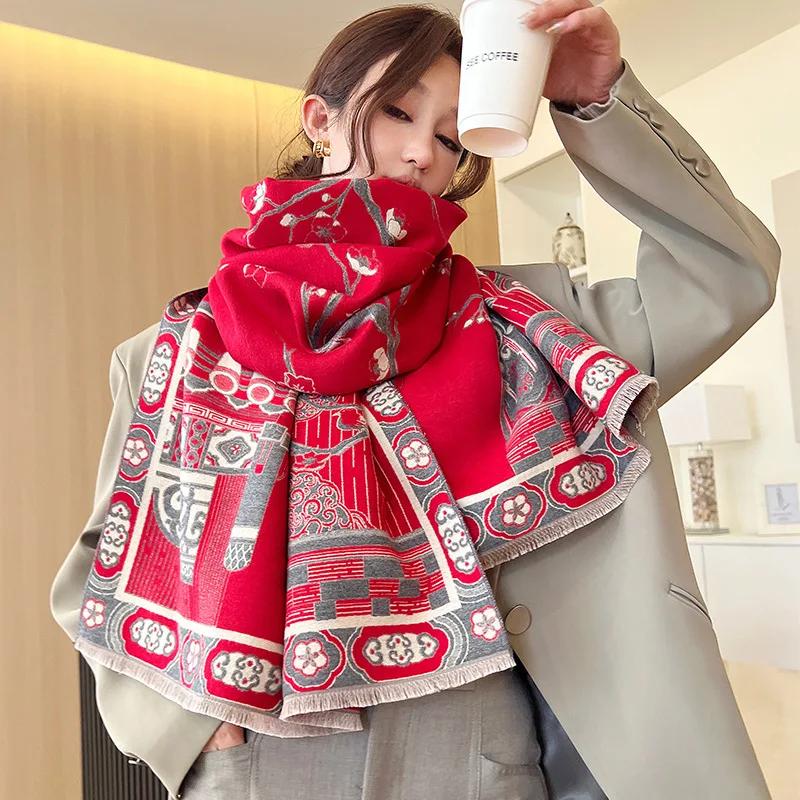 Luxury Cashmere Floarl Scarf Winter Women Pashmina Shawls Warm Blanket Wraps Female Foulard Bandana Brand Thick Scarves Hijab