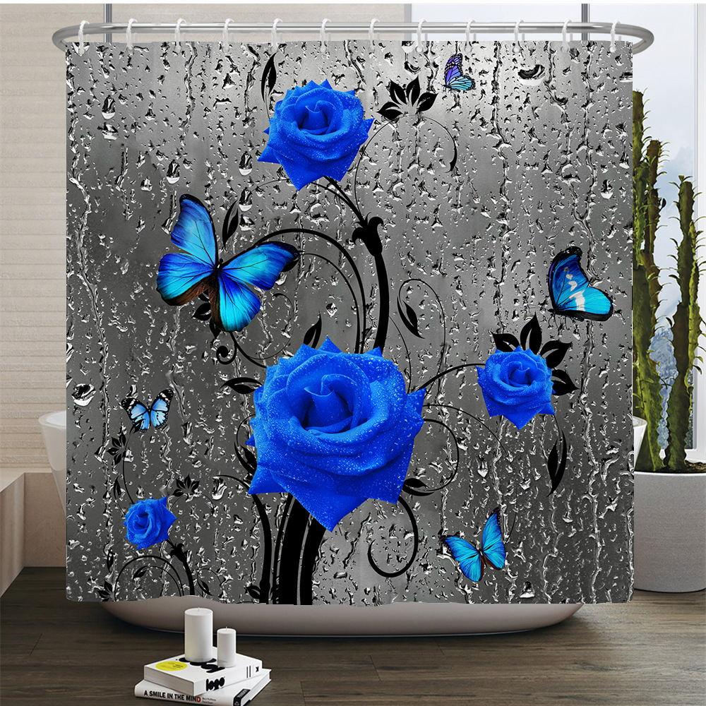 Red Rose Flower Shower Curtain Romantic Paris Vintage Eiffel Tower Stamp Floral Butterfly Abstract Art Bathroom Decor with Hooks