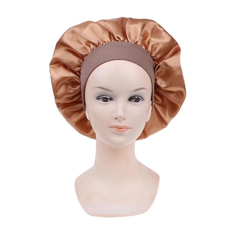 58Cm Solid Color Women Satin Bonnet Cap Night Sleep Hat Adjust Shower Caps