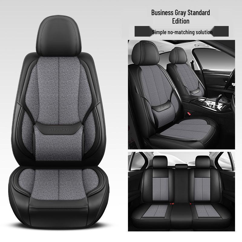 Universal Five-Seater Car Seat Cushion with Leather and Hemp Lumbar Support - All Seasons