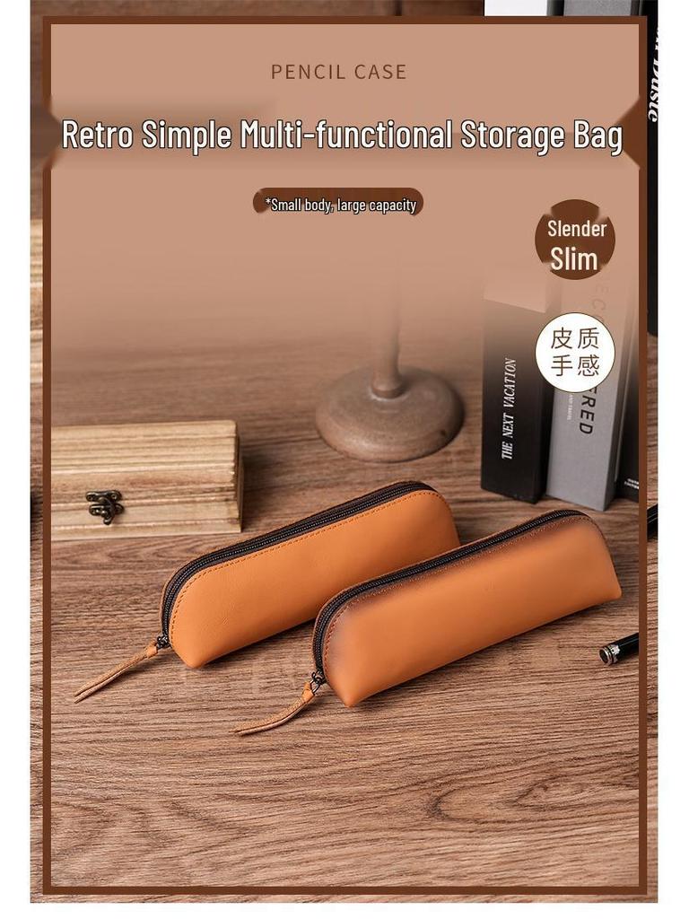 Genuine Leather Multifunctional Pencil Case Stationery Box with Zipper—Portable for Students, Holds 2B Pencils & Glasses
