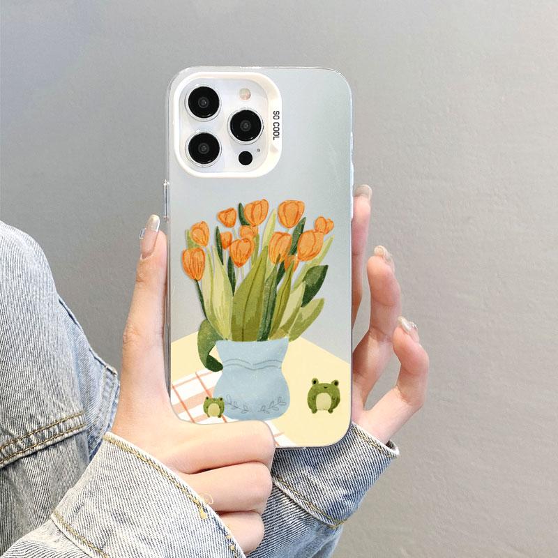 Vintage Art Hand Drawn Flowers Laser Phone Case For iPhone 17 16 Pro Max 15 14 Pro Max Plus 13 Mini 12 11 Pro Max Cover Fundas