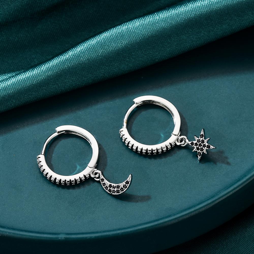 Cercei Hoop din Cupru cu Zirconiu, Design cu Picătură Semilună și Stea, Bijuterii Hipoalergenice pentru Femei