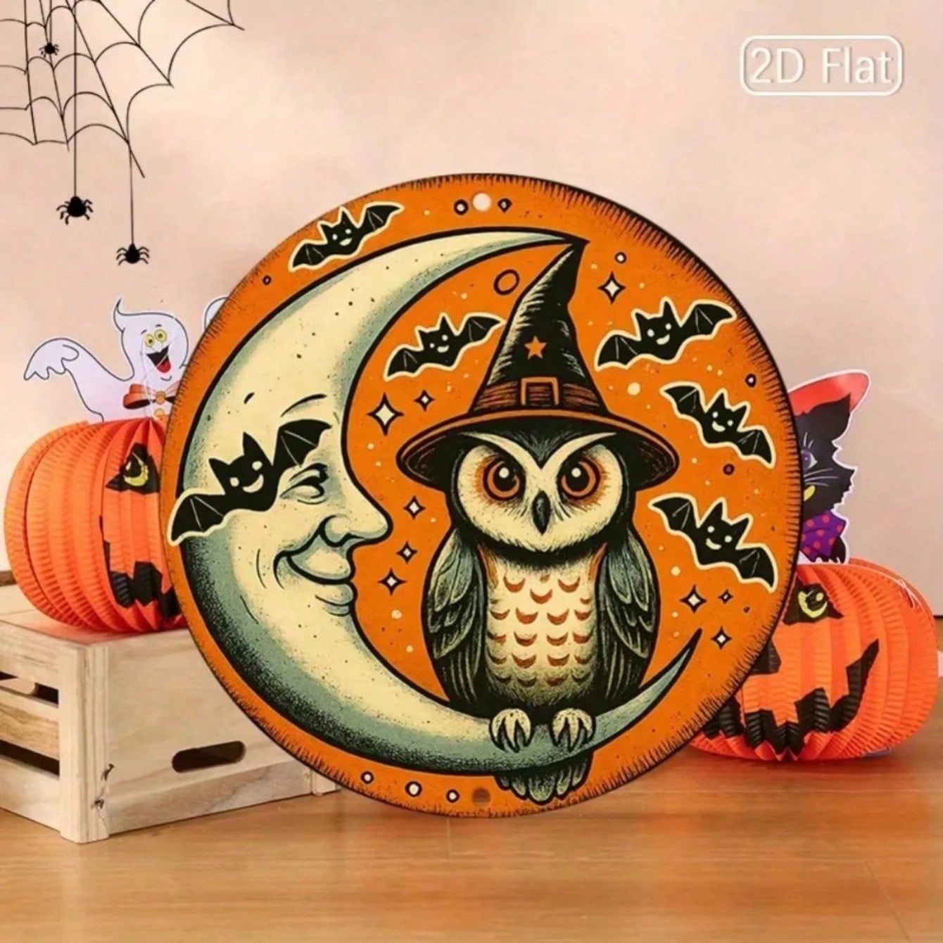 Metal Owl Moon Sign Halloween Wall Decor Rustic Aluminum Art разноцветный